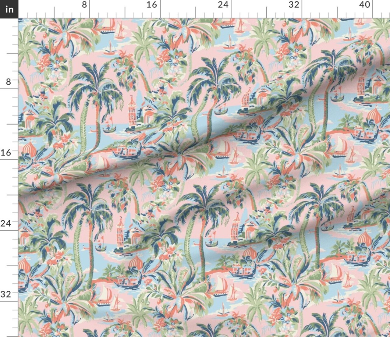 Grandmillennial Whimsical Tropical Toile Palm Tree Coastal Maximalist Boats Seaside Custom Printed Fabric by Spoonflower Various Fabrics by the Yard or Fat Quarter